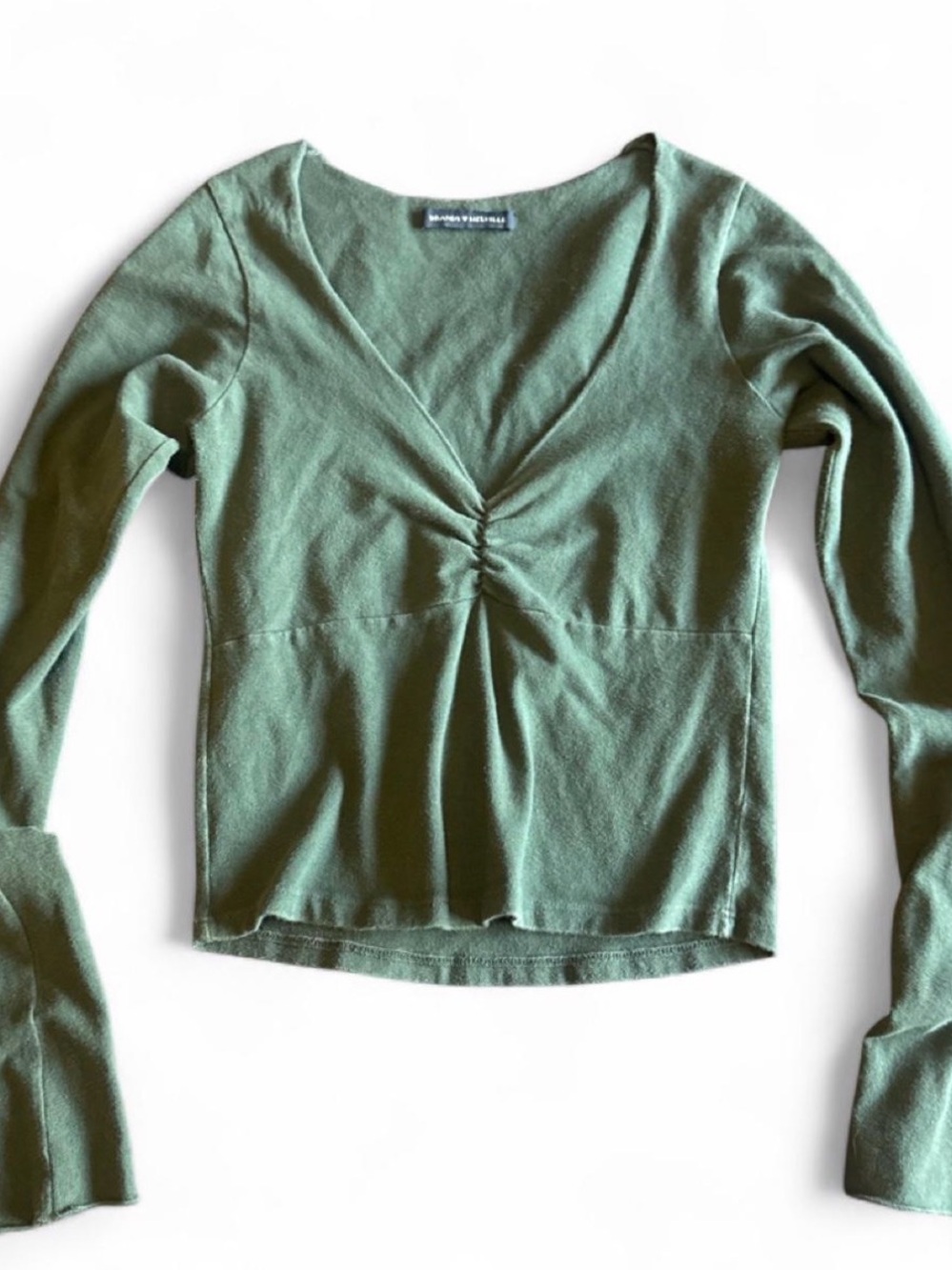 Brandy Melville Long-Sleeve Gathered V-Neck Top in Olive Green